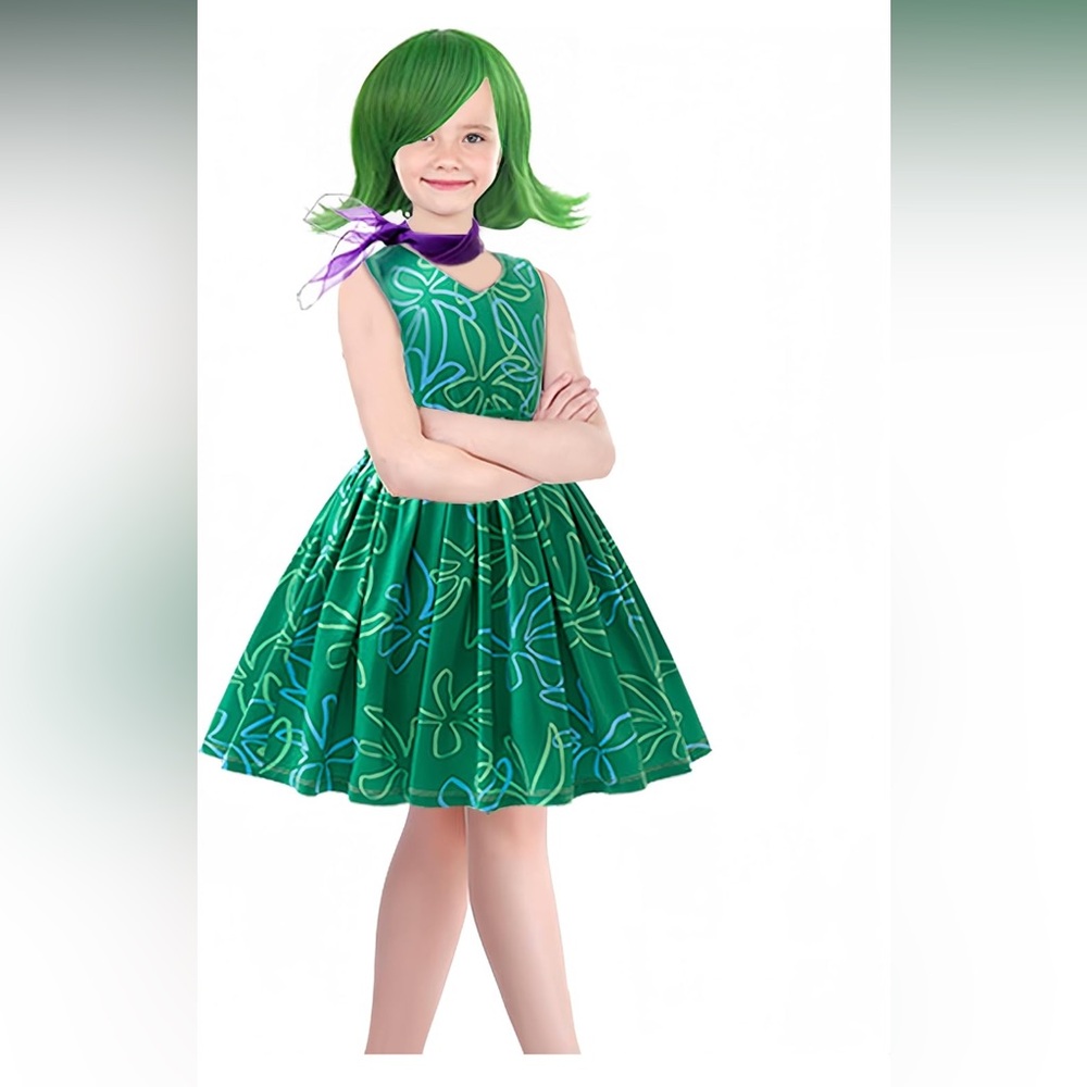 Girls Disney Inside Out Disgust Costume, size 5/6, green wig & core memory ball